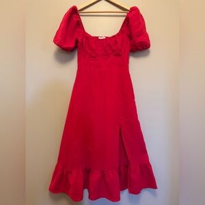 & Other Stories Red Linen Dress with Puff Sleeve